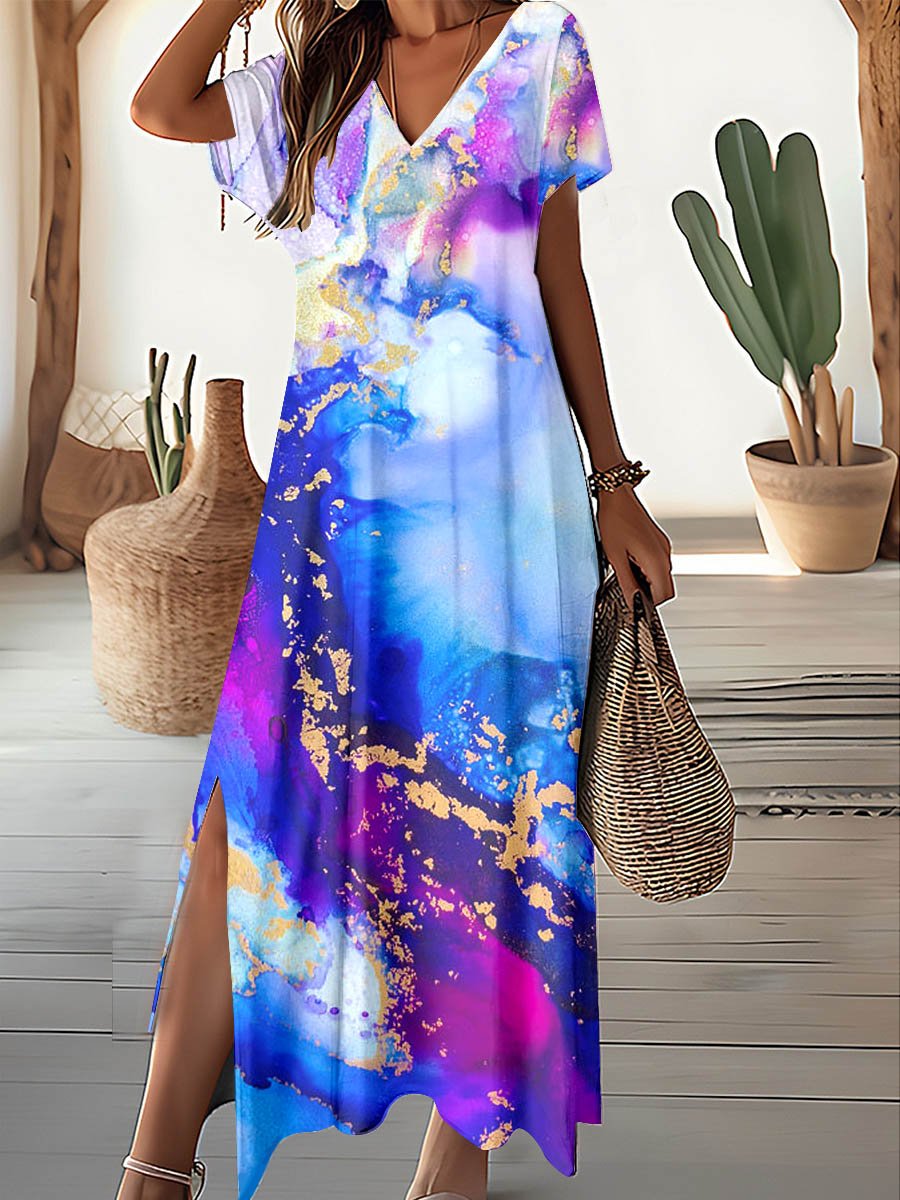 Women's V -Neck Art Splash Ink Printed Dress