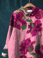 Women's Flower Art Print Casual Cotton And Linen Shirt