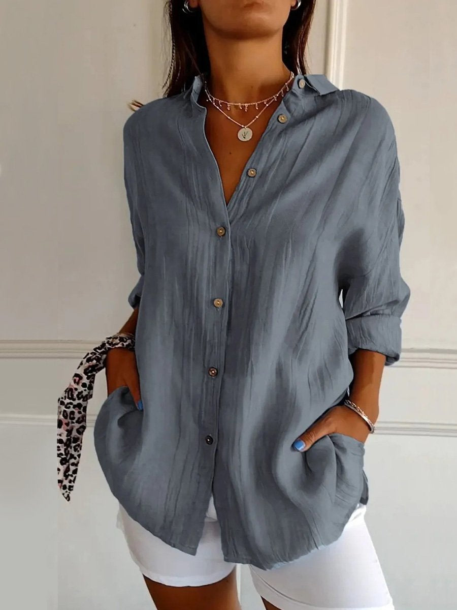 Women's Single-Row Buttons Pleated Solid Color Shirt