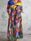 Women's V Neck Elephant Abstract Art Cotton and Linen Pocket Dress