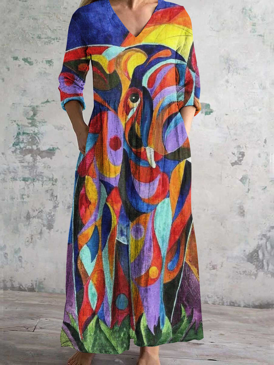 Women's V Neck Elephant Abstract Art Cotton and Linen Pocket Dress