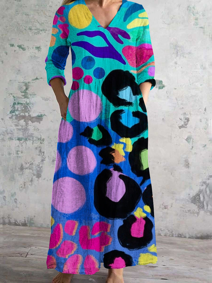 Women's V Neck Abstract Colorful Art Print Cotton and Linen Pocket Dress