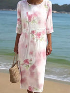 Women's Casual  Round Neck Mid Sleeve Print Cotton and Linen Dress