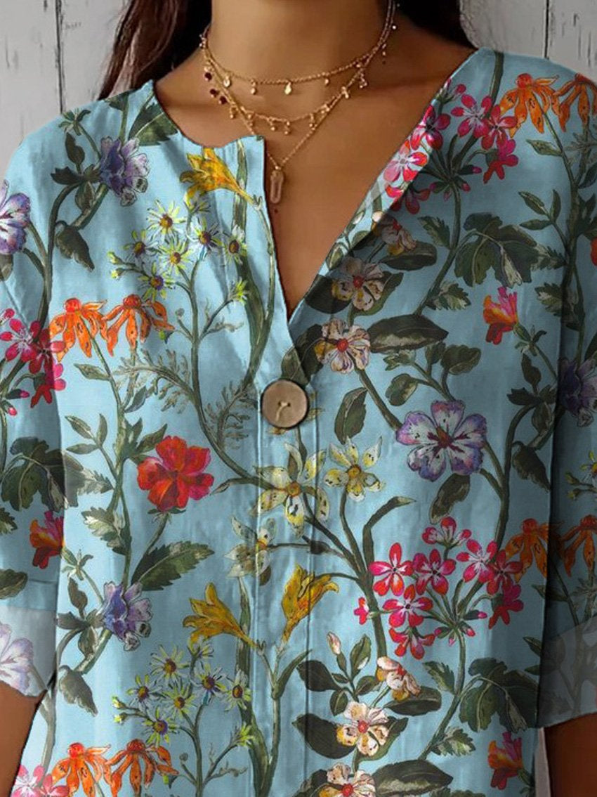Colorful Summer Floral Pattern Printed Women's Casual Cotton Linen Shirt