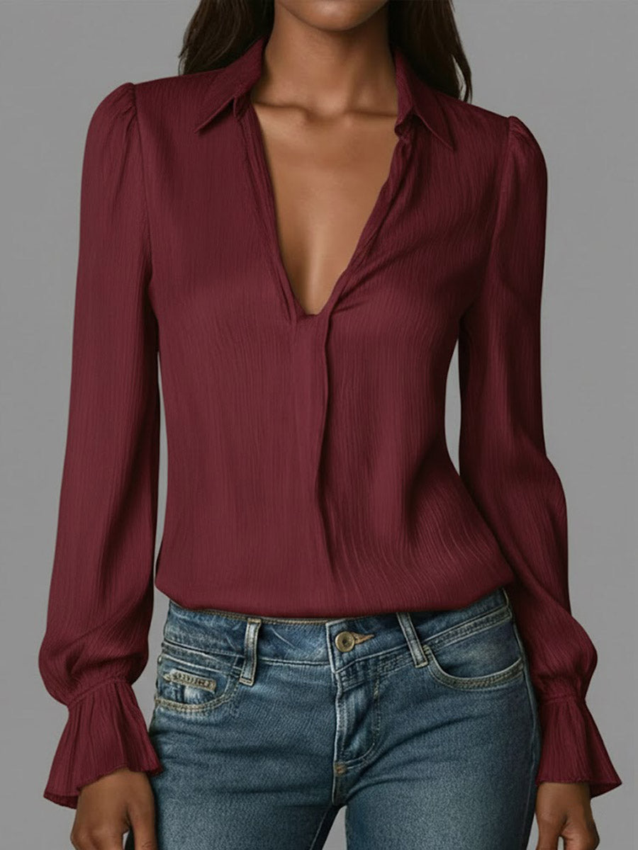 Damen Langarmshirt aus Baumwolle mit V-Ausschnitt, einfarbig, leger geschnitten
