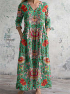 Women's V-neck  Abstract Art Floral Pattern Collar Cotton Dress With Pockets