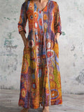 Women's V-Neck Vintage Simple Art Geometric Long Sleeve Dress