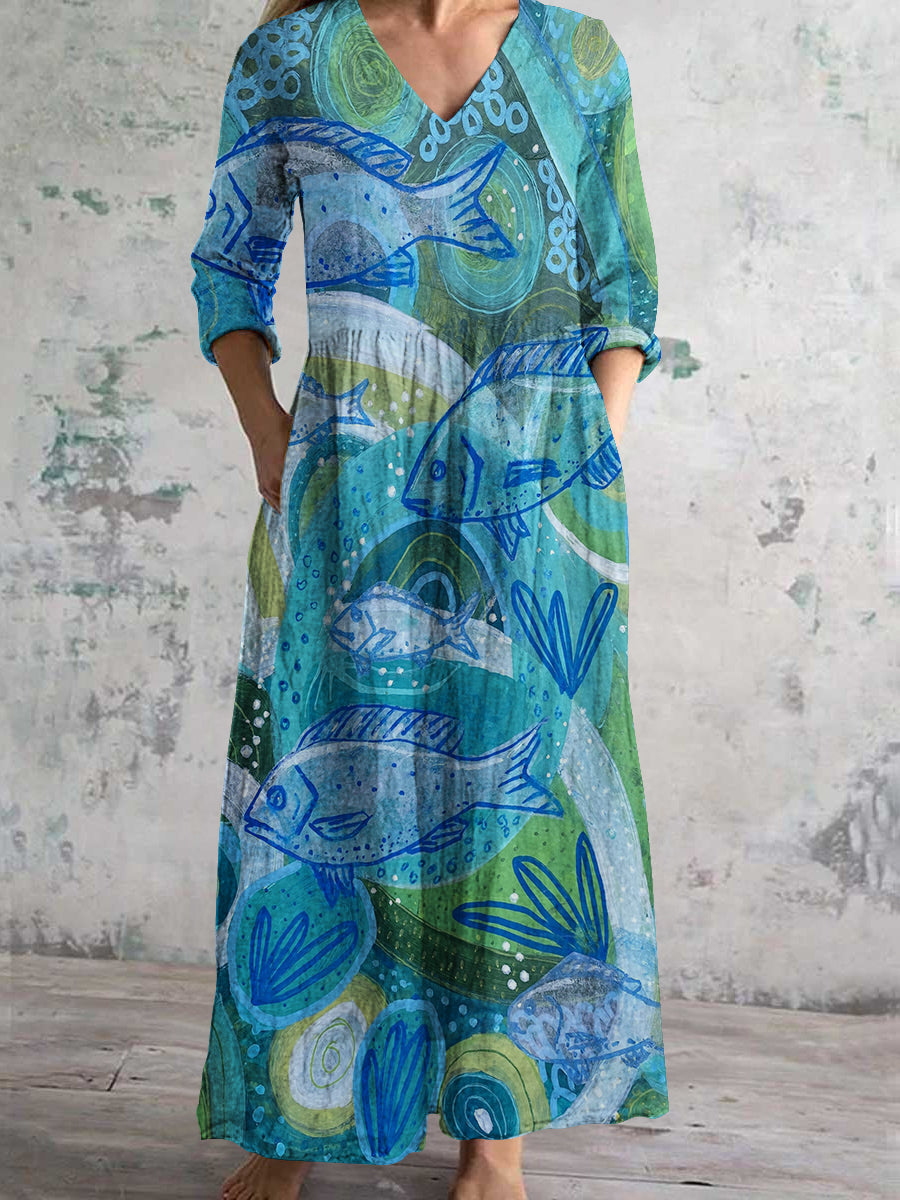 Women's V-Neck Spring And Summer Ocean Art Print Cotton And Linen Pocket Dress