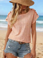 Women's Solid Color Round Neck Short-Sleeved T-Shirt With Buttons