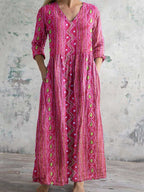 Women's Elegant Retro Geometric Pattern V-neck Cotton Dress