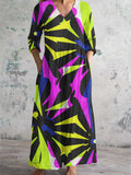 Women's V Neck Abstract Geometric Daisy Art Print Cotton and Linen Pocket Dress