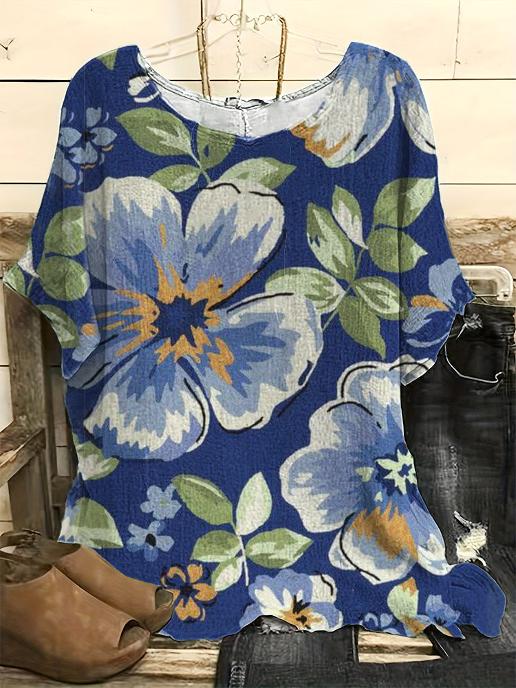 Vintage Floral Art Print Casual Linen Blend Shirt