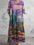 Women's V-Neck Landscape Art Print Cotton And Linen Pocket Dress