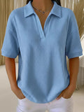Women'S Casual Solid Color Lapel Short-Sleeved Top