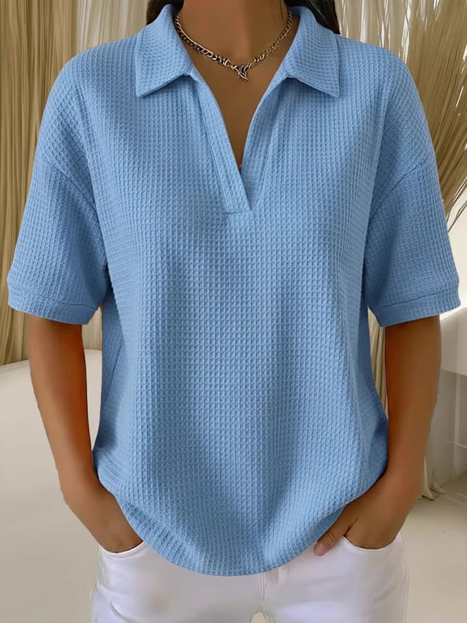 Women'S Casual Solid Color Lapel Short-Sleeved Top