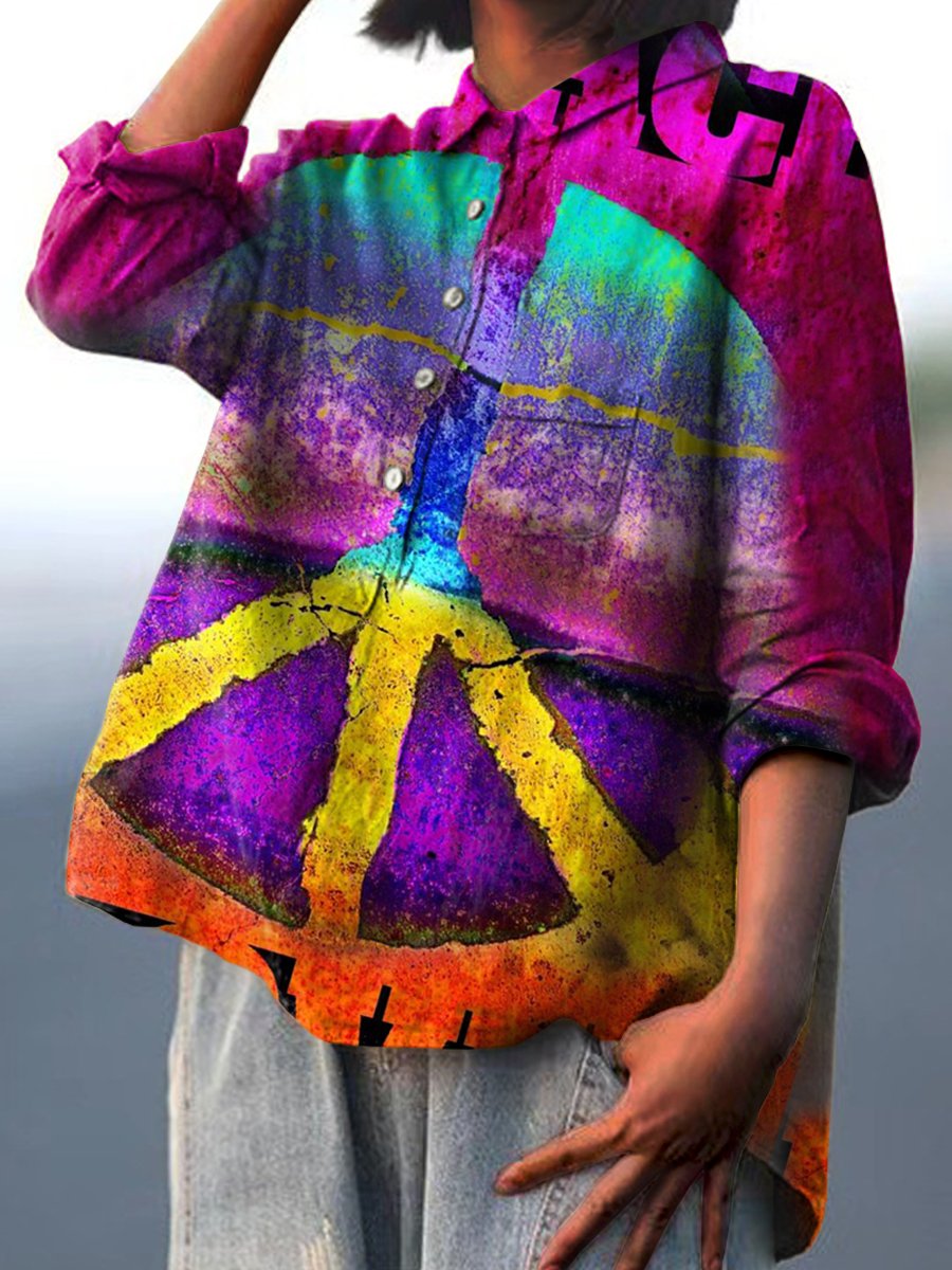 Women's Rainbow Colored Vintage Peace Sign Print Casual Cotton And Linen Shirt