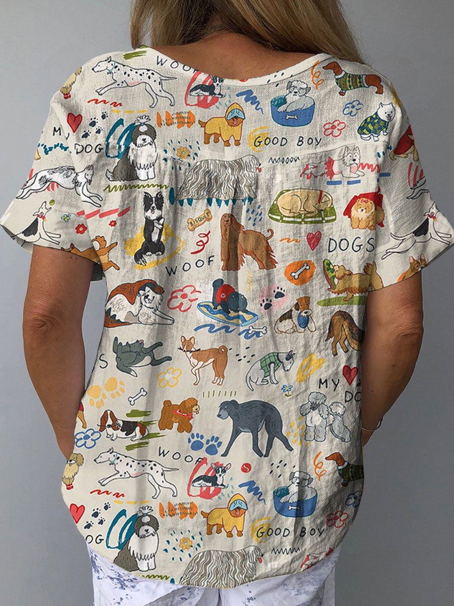Women's Cute Dog Art Print Casual Cotton And Linen Shirt