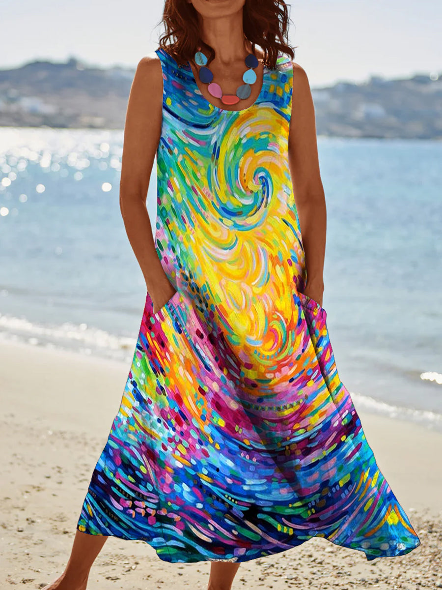 Women's Vintage Art Colorful Swirl Pattern Round Neck Dress