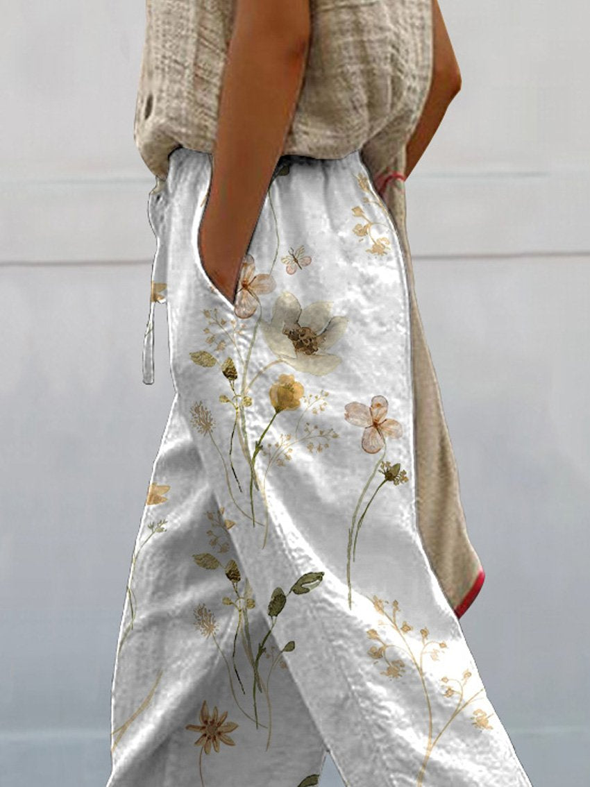 Watercolor Minimalist Spring Floral Pattern Printed Women's 100%Cotton Casual Pants