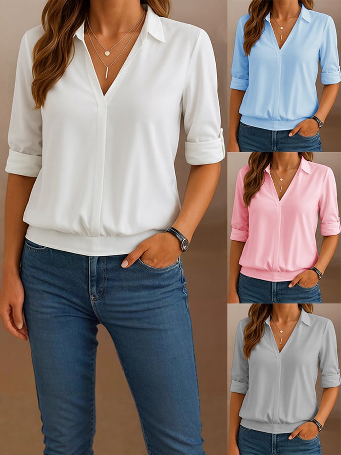 Women's casual commuter lapel solid color loose shirt
