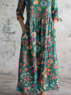 Women's V-neck Elegant Poppy Floral Print Cotton Dress