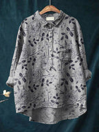 Vintage Lovely Floral Art Print Casual Cotton And Linen Shirt