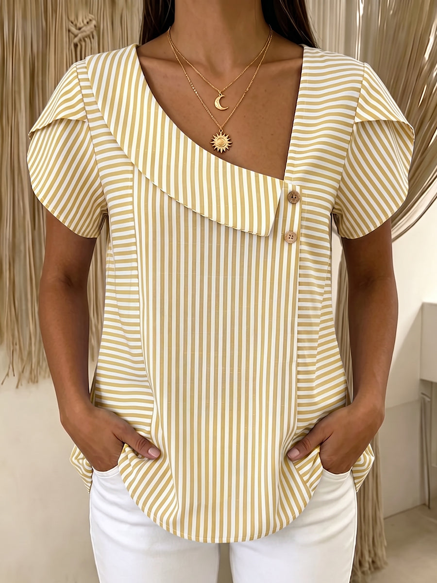 Artistic Cut Striped Cotton-linen Polo Collar Shirt Blouse