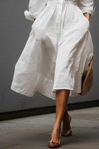 Women's White Linen Dress With Shirt Collar & Elastic Waist, Timeless Effortless-Chic Style Dress
