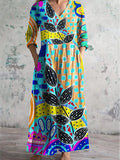Women's V Neck Art Abstract Pattern Dress with Pockets