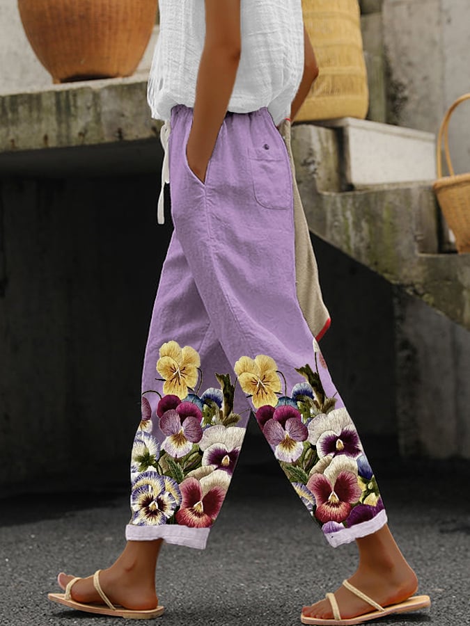 Women's Purple Floral Print Alzheimer's Awareness Support Pants