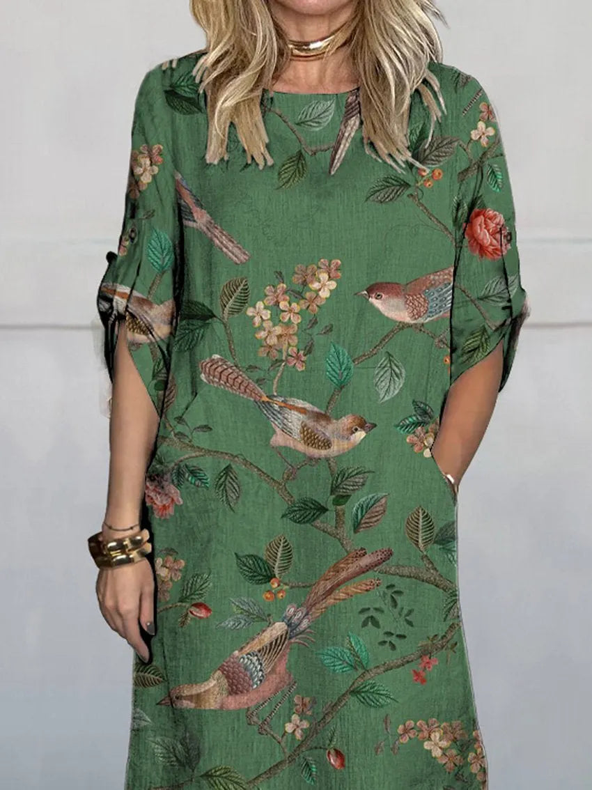 Vintage Style Finch Birds And Bough Pattern Printed Women's Comfortable Linen Pocket Dress