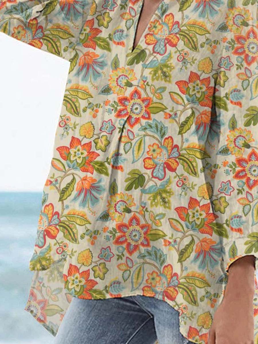 Women's Vintage Lovely Floral Art Print Casual Linen V-neck Shirt
