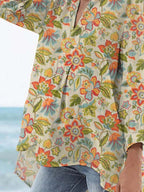 Women's Vintage Lovely Floral Art Print Casual Linen V-neck Shirt