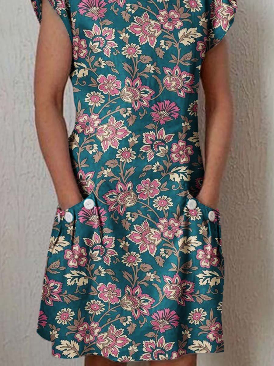 Women's Classic Floral Pattern Cotton and Linen Dress