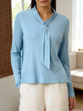 Women's solid color fashionable ribbon long-sleeved top