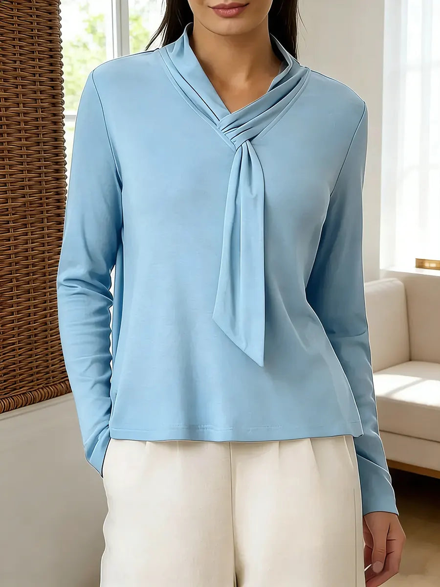 Women's solid color fashionable ribbon long-sleeved top