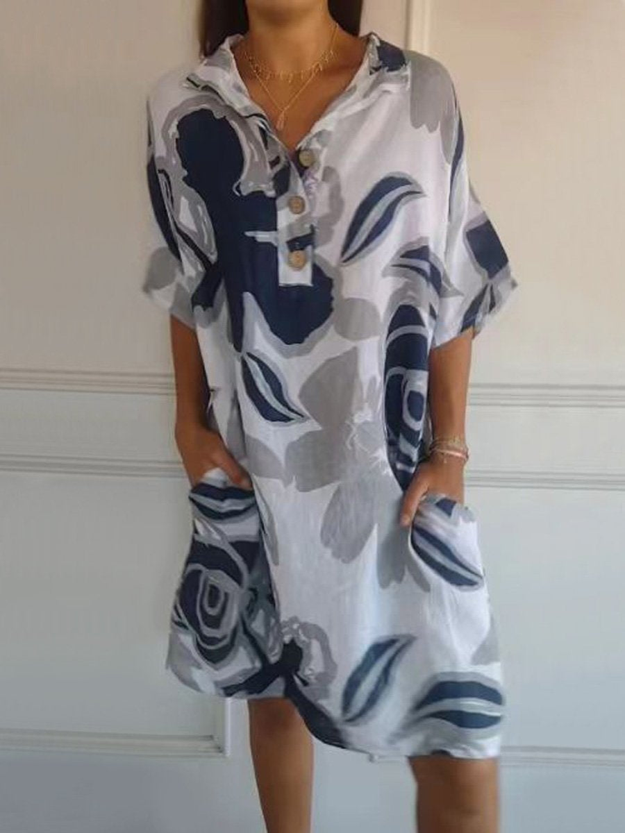 Women's Cotton and Linen Large Floral Pattern Printed Dress