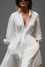 Women's White Linen Dress With Shirt Collar & Elastic Waist, Timeless Effortless-Chic Style Dress