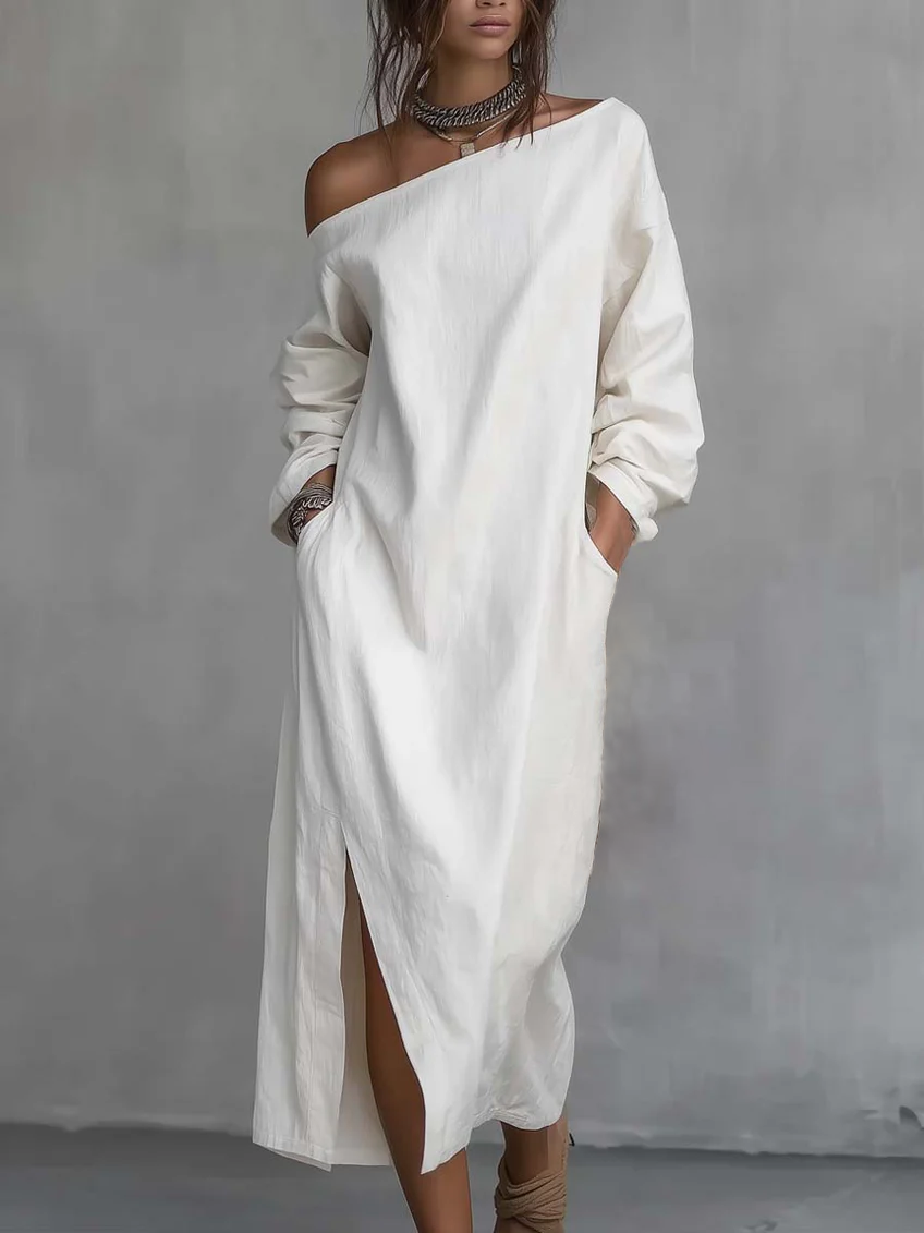 White One-shoulder Faux Cotton Linen Loose-fitting Midi Dress