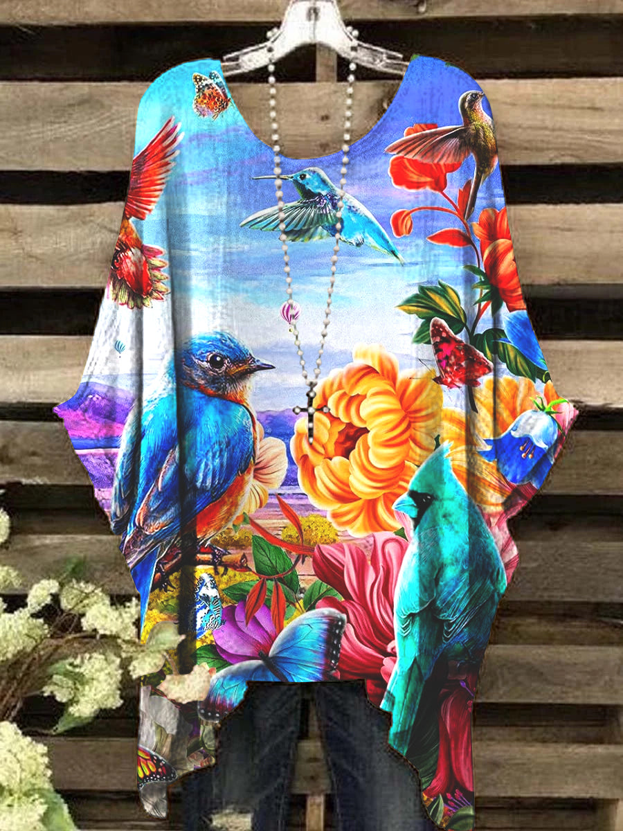Women's Vintage Bird & Floral Pattern Crew Neck Top