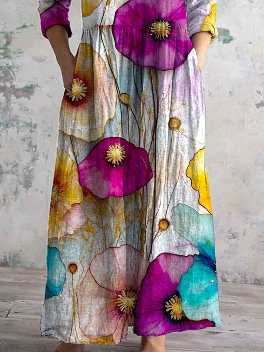Women's V-neck Poppy Flower Pattern Resort Style Cotton And Linen Dress With Pockets
