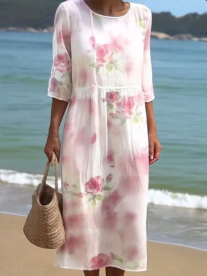 Women's Casual  Round Neck Mid Sleeve Print Cotton and Linen Dress