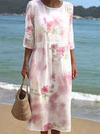 Women's Casual  Round Neck Mid Sleeve Print Cotton and Linen Dress