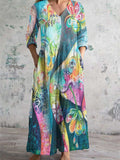 Women's V Neck Elephant Abstract Art Cotton and Linen Pocket Dress