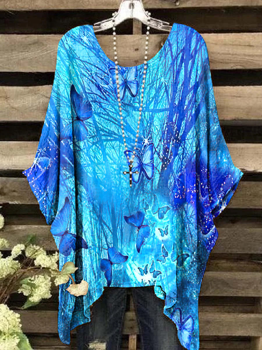 Women's Vintage Butterfly Forest Pattern Round Neck Top