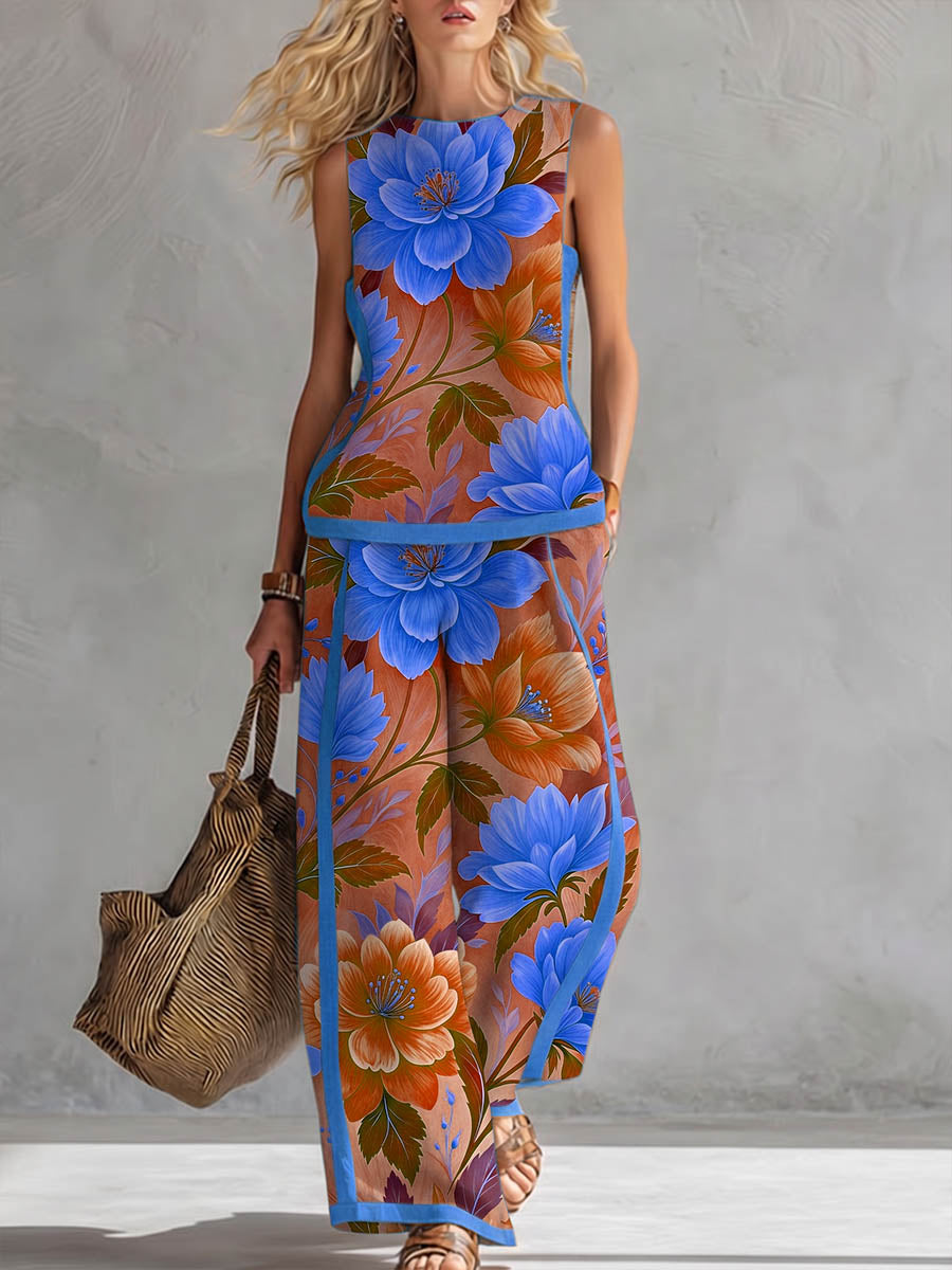 Women's Vintage-print Cotton-linen Set: Round-neck Sleeveless Loose-fit Top & High-waisted Wide-leg Pants