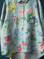 Vintage Lovely Floral Art Print Casual Cotton And Linen Shirt