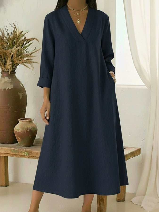 Women'S Casual V-Neck Loose-Fitting Long Cotton And Linen Dress