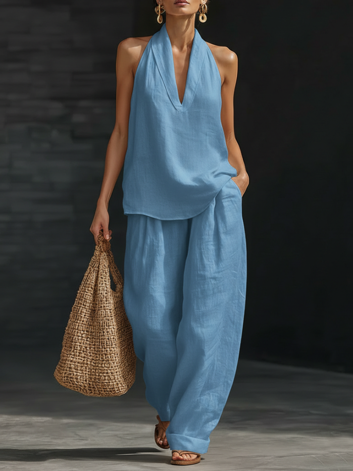 White Faux Linen V-neck Sleeveless Top And Wide-leg Pants Set