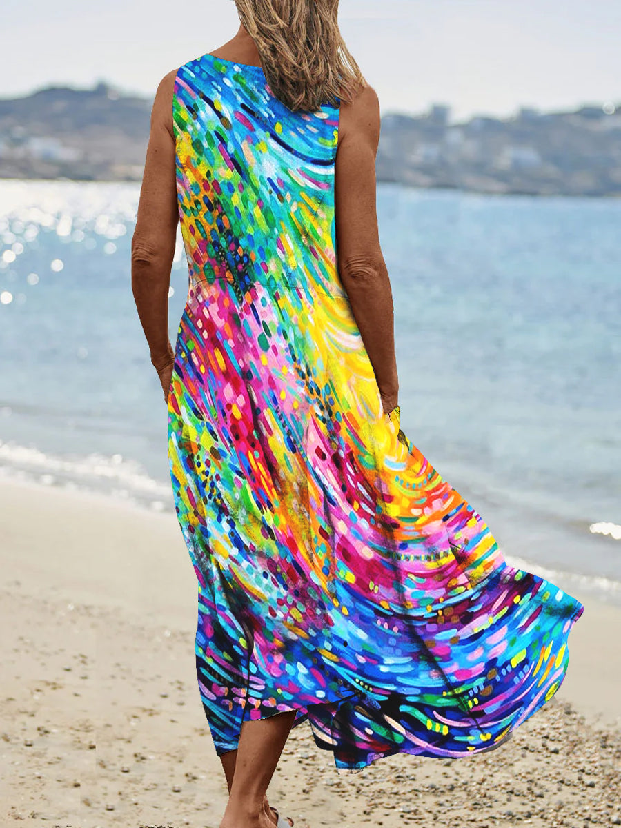 Women's Vintage Art Colorful Swirl Pattern Round Neck Dress